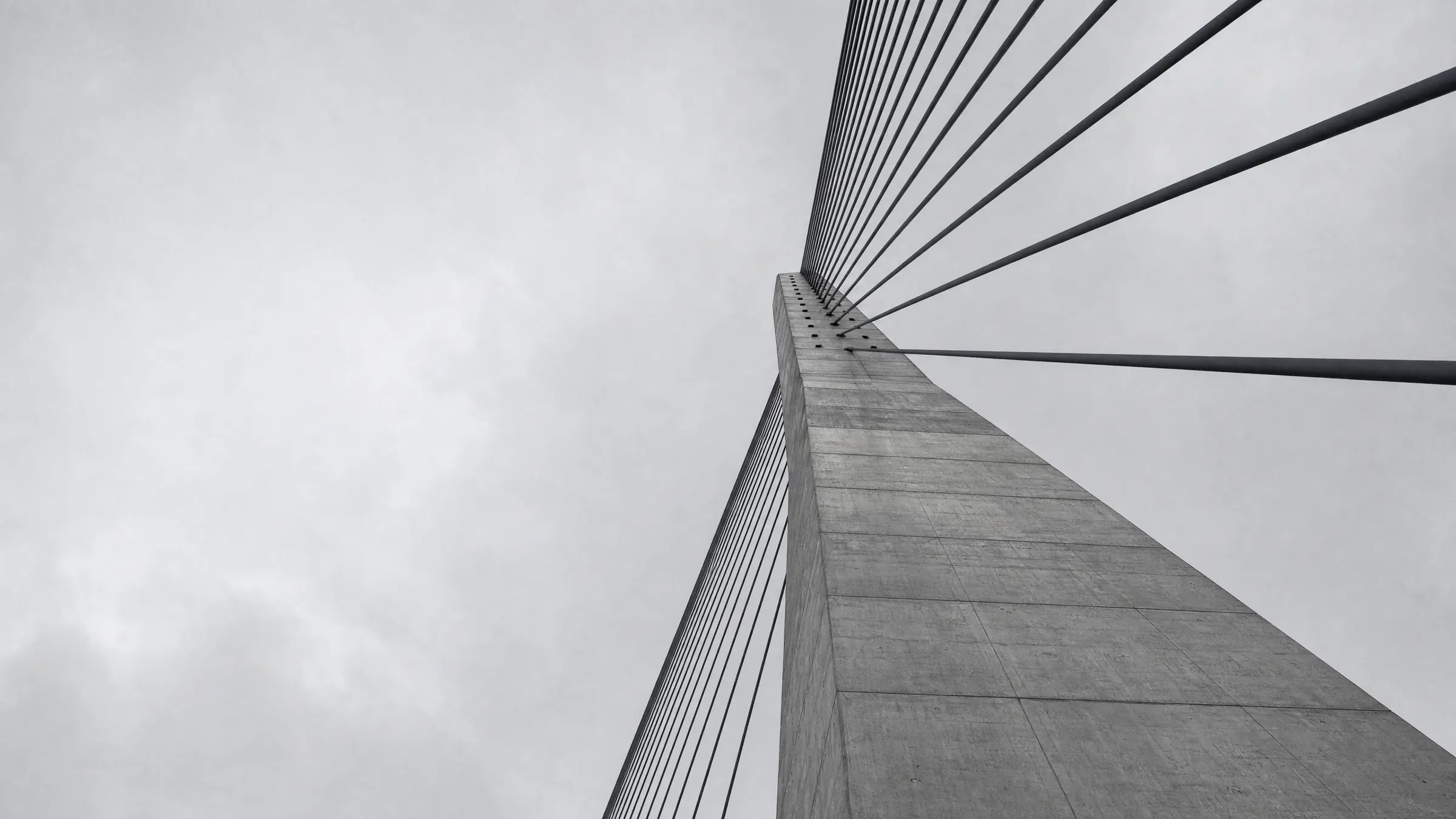 Bridge cables running to a tower, seen from directly below.