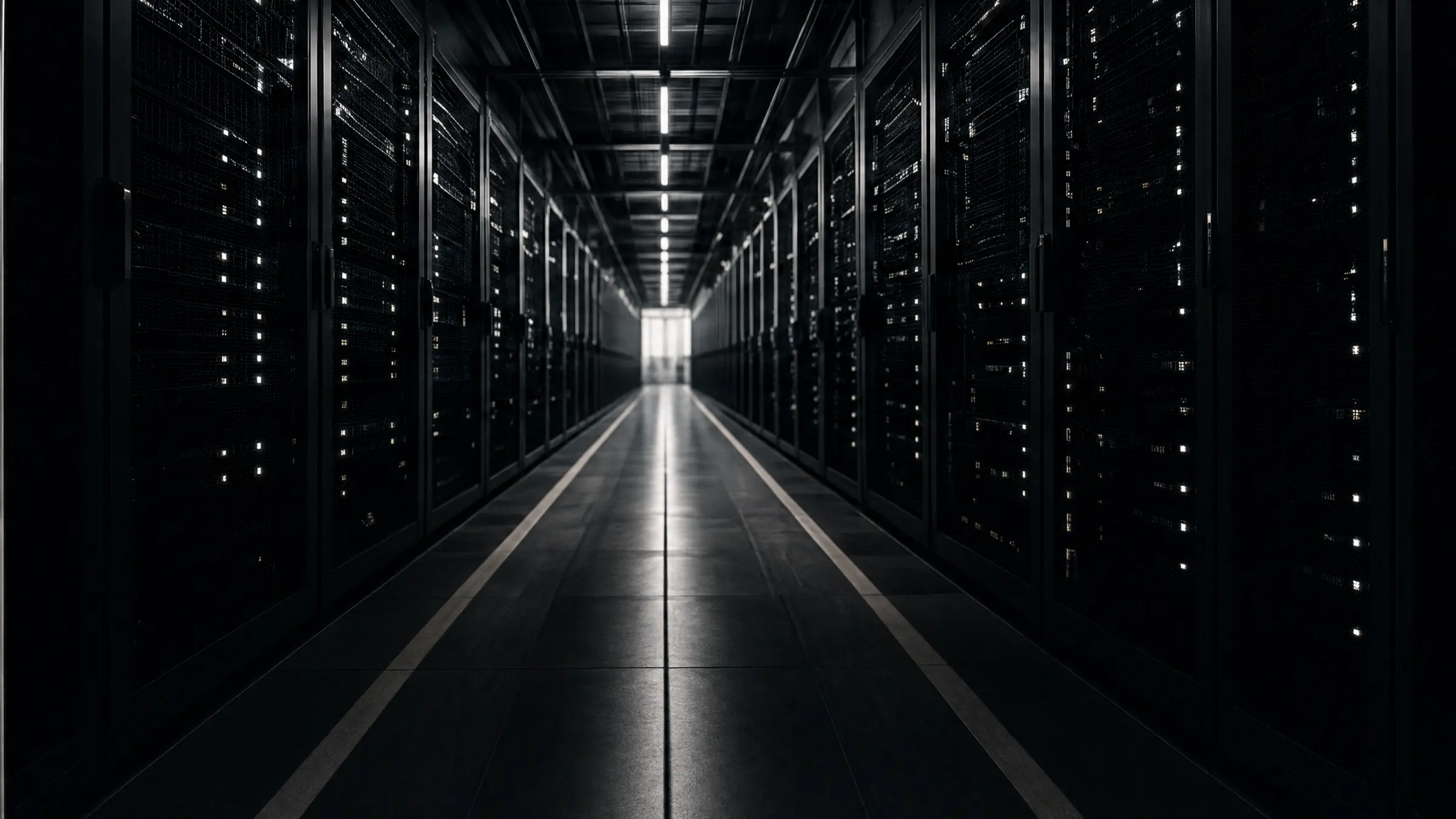 A data centre aisle running to a single point of light.