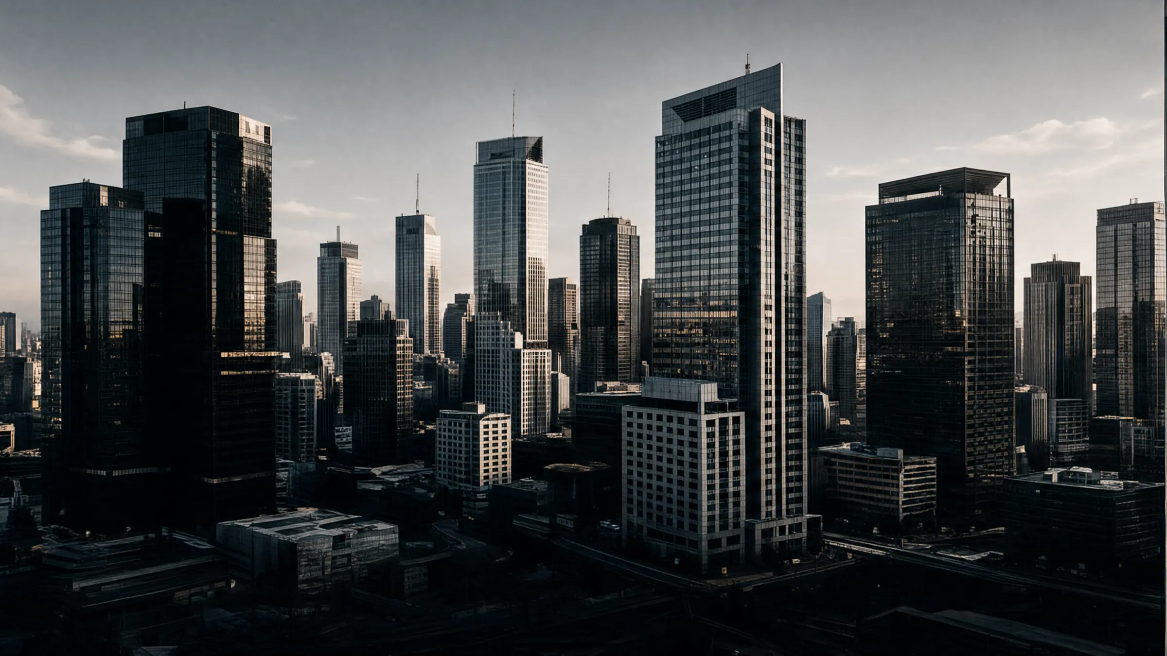 A dense city skyline in flat, cool daylight.