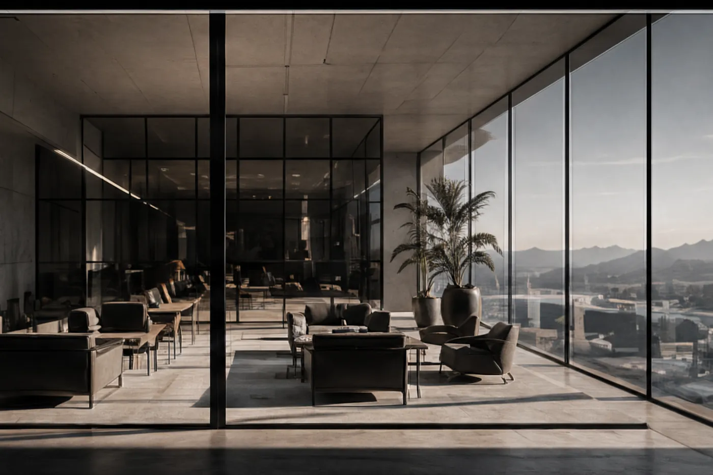 A dark glass-walled studio looking out over mountains at dusk.