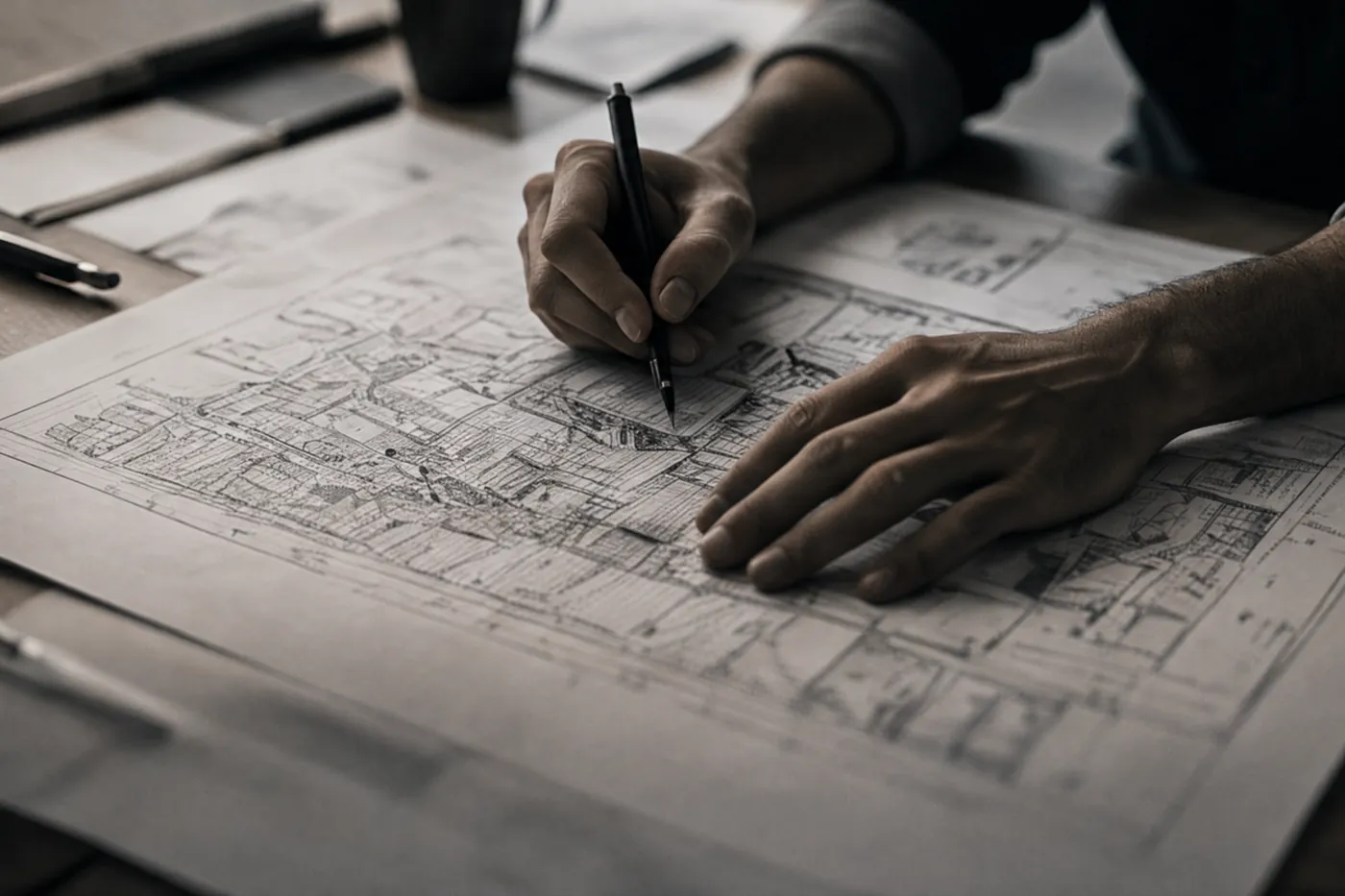 Hands drawing a technical plan in pencil under a low lamp.