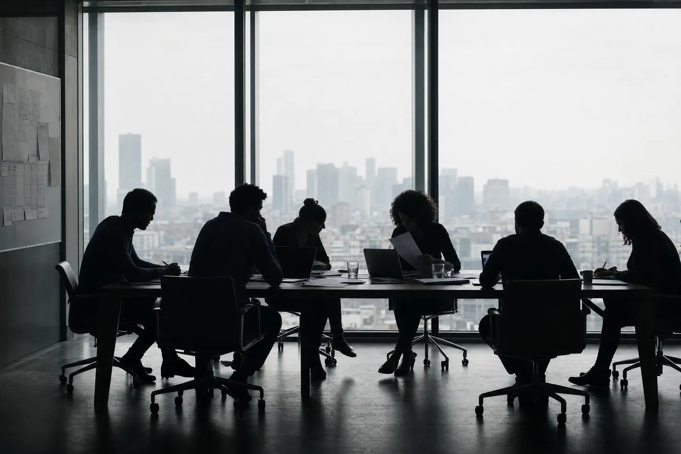 A room of people in silhouette around a table against a bright window.