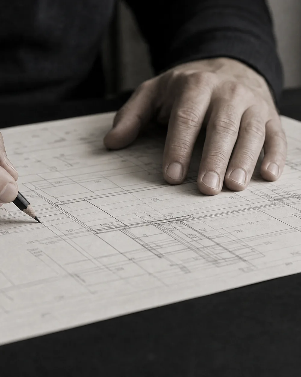 Hands drawing a plan in pencil beside a rolled drawing.